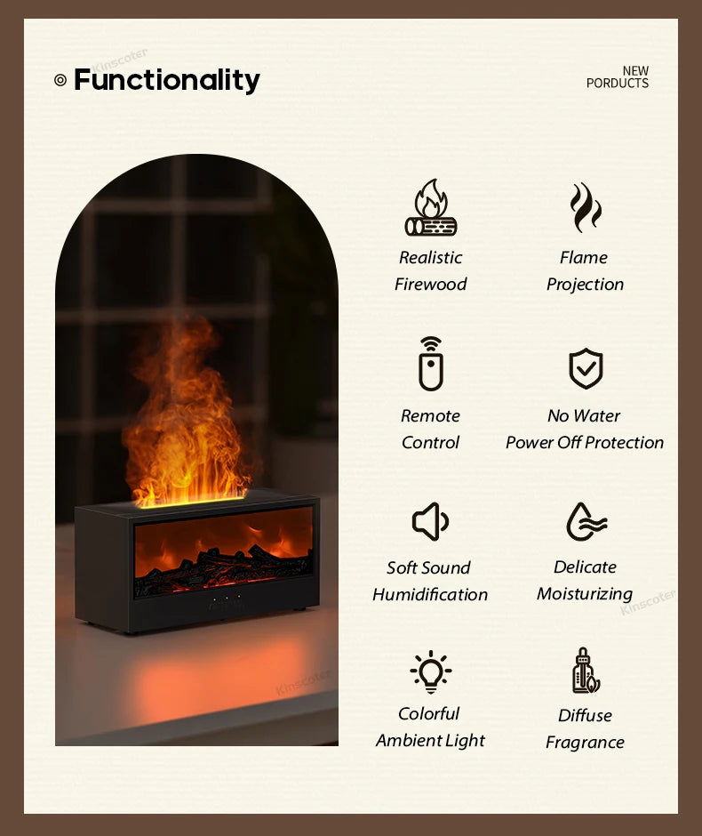 A black electric fireplace and diffuser unit with features like flame projection, remote control, and ambient light.