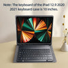 A close-up view of a silver iPad keyboard case with a visible trackpad and colorful display.