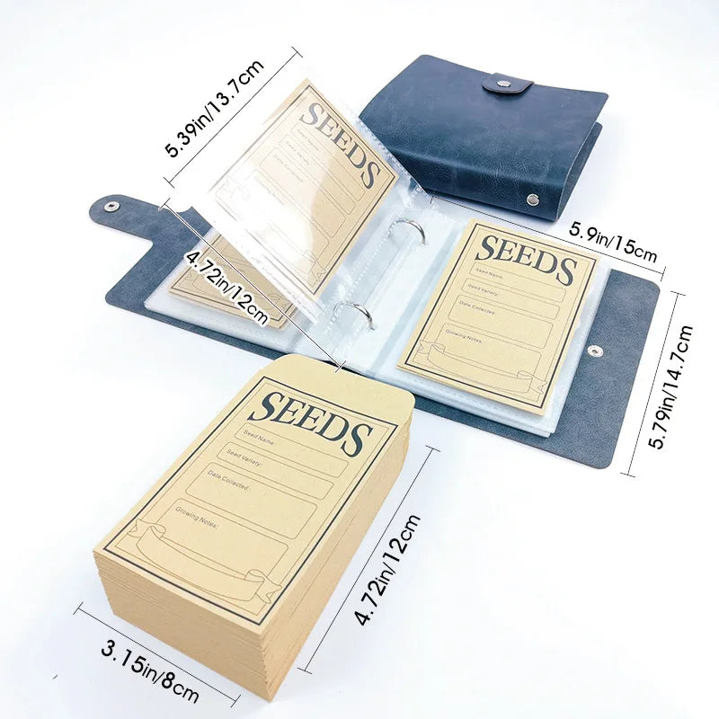 مجموعة من مجموعات تخزين بذور للحديقة ذات طابع، تضم عبوات بذور مُعلَّمة وصندوق تخزين أزرق داكن.