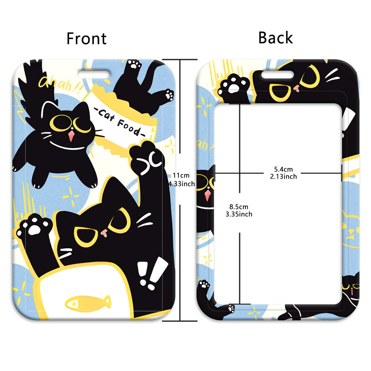 Front and back views of a cute black cat themed lanyard with a card holder