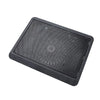 Black metal laptop cooling pad with a perforated surface and integrated LED fan.