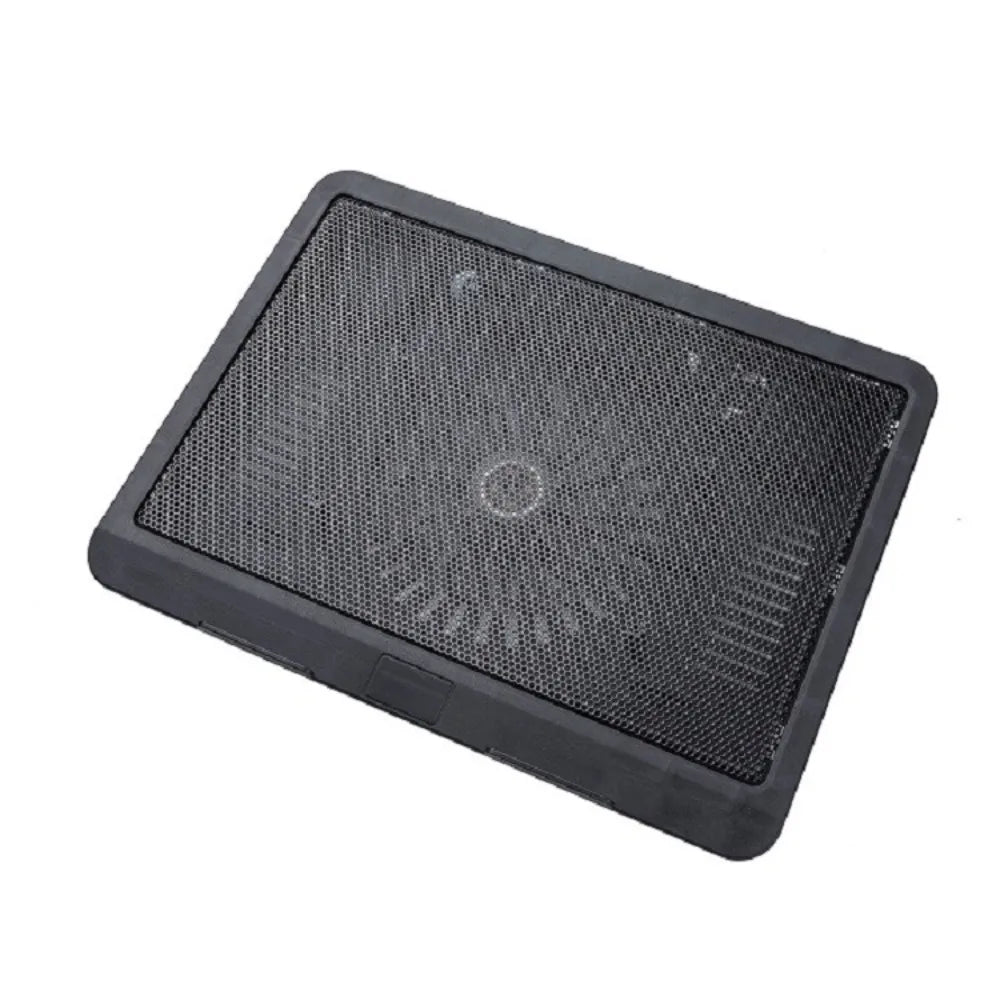 Black metal laptop cooling pad with a perforated surface and integrated LED fan.
