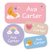 Set rosa, lila und blau mit Aufklebern namens Ava Carter mit himmlischen und sonnenartigen Motiven