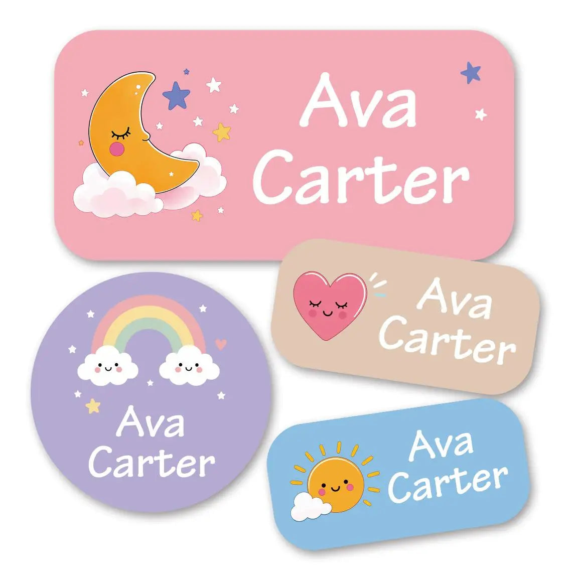 Set rosa, lila und blau mit Aufklebern namens Ava Carter mit himmlischen und sonnenartigen Motiven