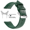 A dark green genuine leather watch band featuring quick release spring bars and a silver buckle.