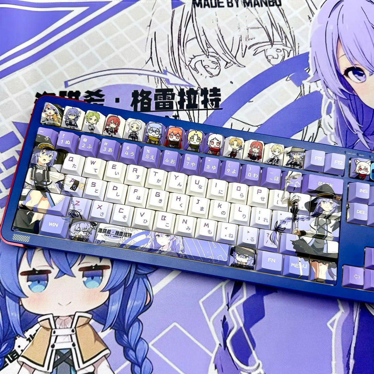 A close-up of a purple and white mechanical keyboard featuring custom dye-sublit keycaps and surrounding anime artwork.