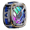 Ventilador enfriador magnético negro RGB para teléfono con carcasa transparente y luces azules y verdes brillantes.