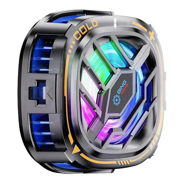 Ventiradieur de téléphone magnétique noir RGB avec boîtier transparent et lumières bleues et vertes lumineuses.