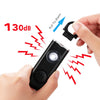 A hand holds a black personal safety alarm device, demonstrating the pull-to-alarm function and showing sound level of 130dB.