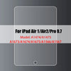 A display showing a tempered glass screen protector for iPad Air 1/Air2/Pro 9.7 models.