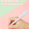 A hand holds a white glue pen with a rounded grip against a pink and green background.