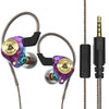 A pair of wired hi-fi earphones with microphones and colored cables.