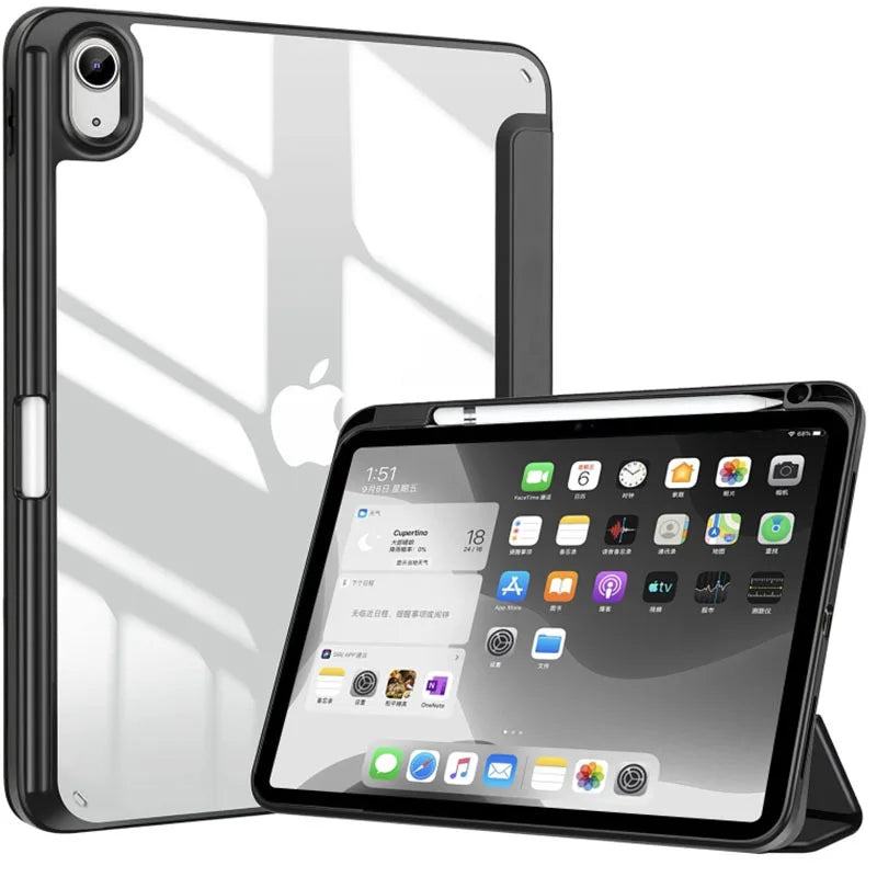 A silver hybrid protective case for an iPad, showing the device and a separate pencil holder.