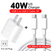A white 40W US USB C to USB C cable charger for iPhone 15-16 series phones.