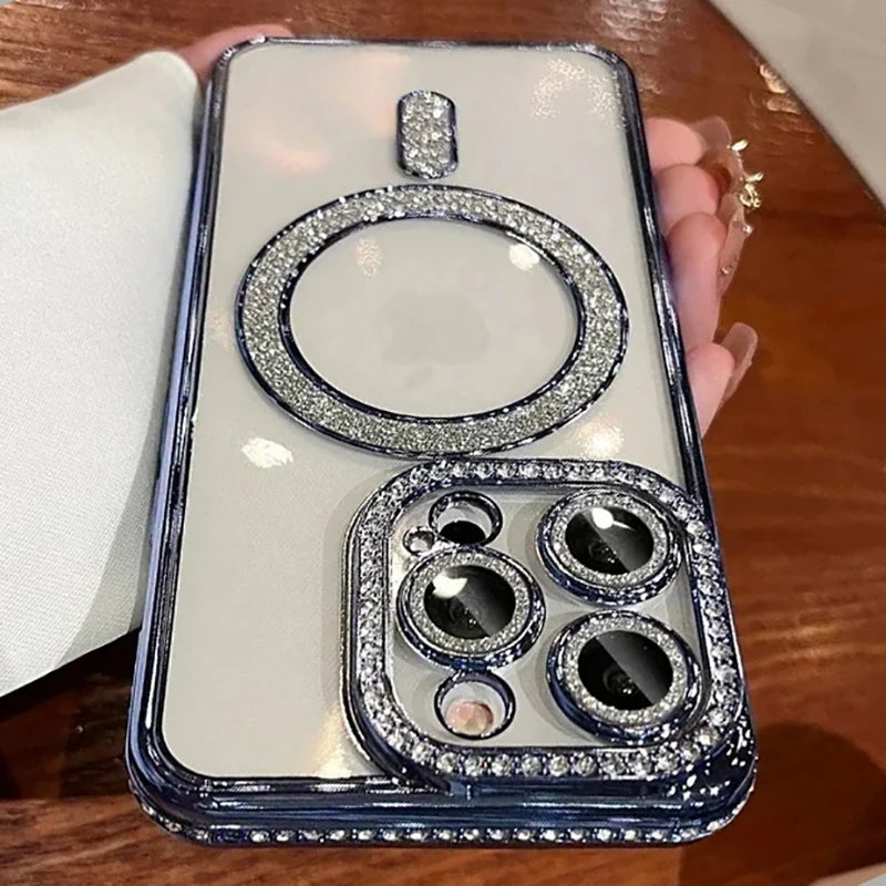 A clear glitter diamond magnetic wireless phone case with a round cutout and multiple circular compartments.
