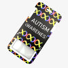 Schwarzes Lanyard mit Autismus-Bewusstseinsbandmuster und weißem Kunststoffhalter.
