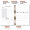 A weekly planner notebook with sections for focus, goals, to-do lists, and a habit tracker.