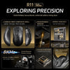 A collection of high-performance gaming mouse components including a carbon fiber shell, sensor, MCU, switch, and mouse body.