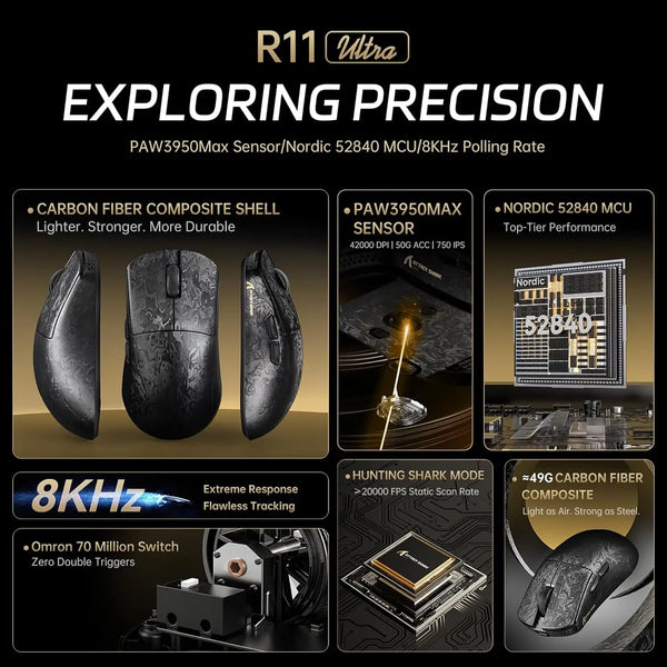 A collection of high-performance gaming mouse components including a carbon fiber shell, sensor, MCU, switch, and mouse body.