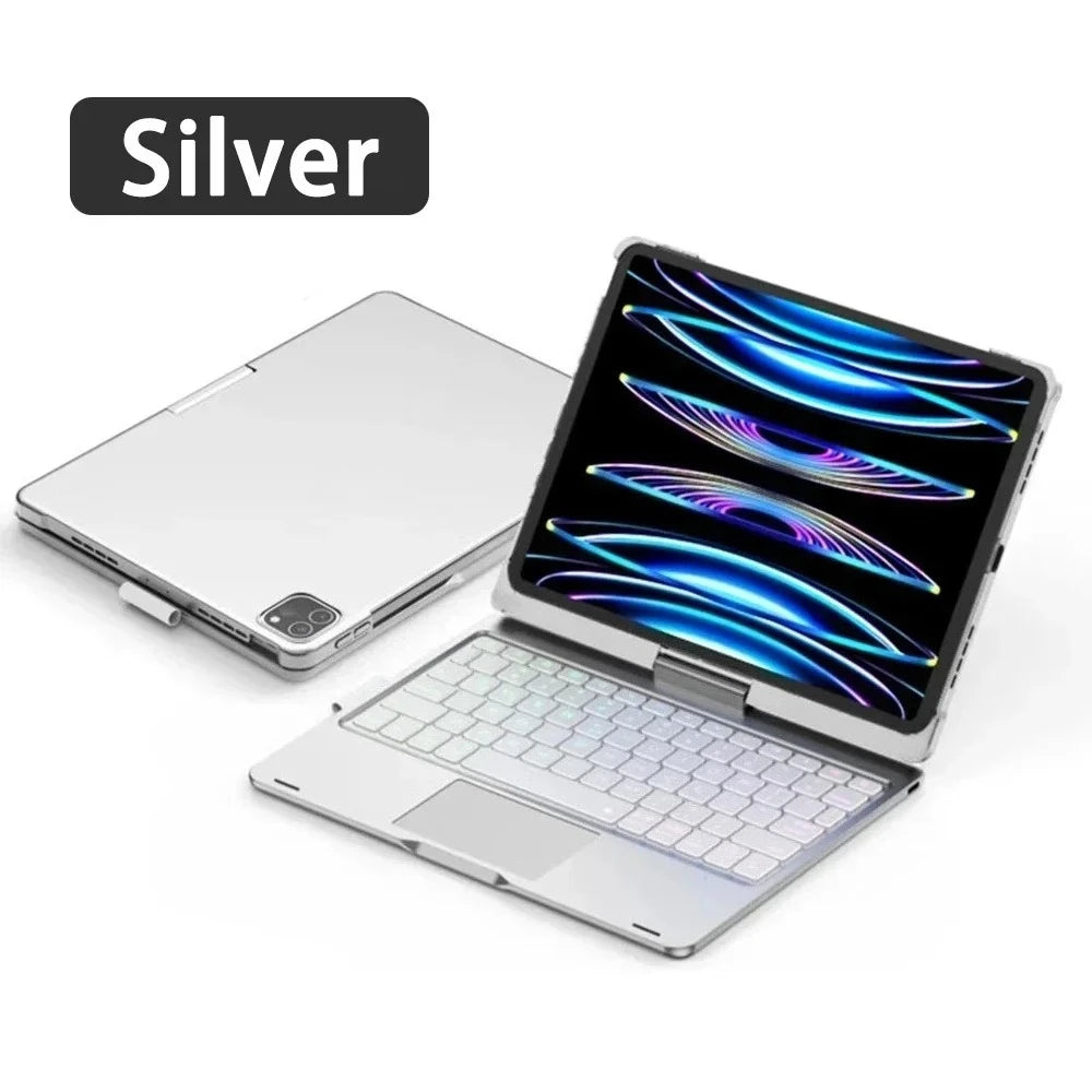 Silver backlit 360° rotatable multi-touch keyboard case for an iPad.
