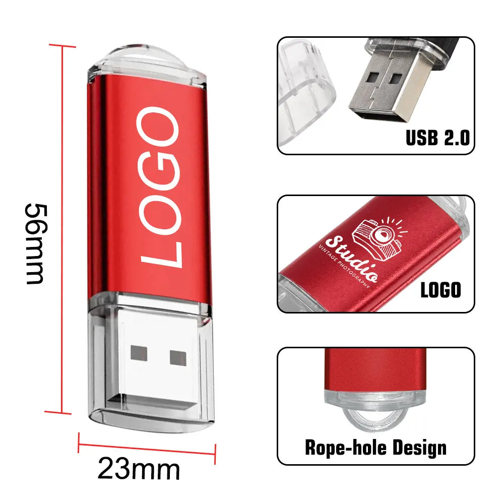A red and clear metal USB flash drive with a logo, showing its dimensions and design features.