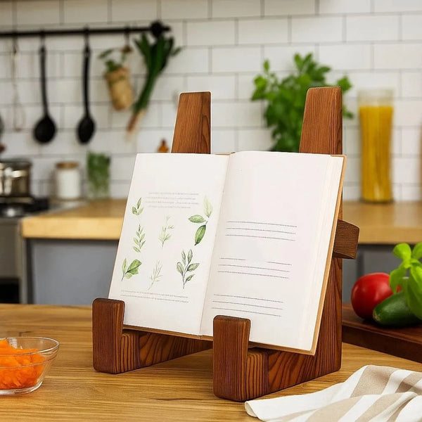 A vintage wooden cookbook holder stands on a table, displaying an open recipe book with handwritten lines.
