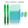 A set of two green pens, forty refills, and two erasers for gel pens.