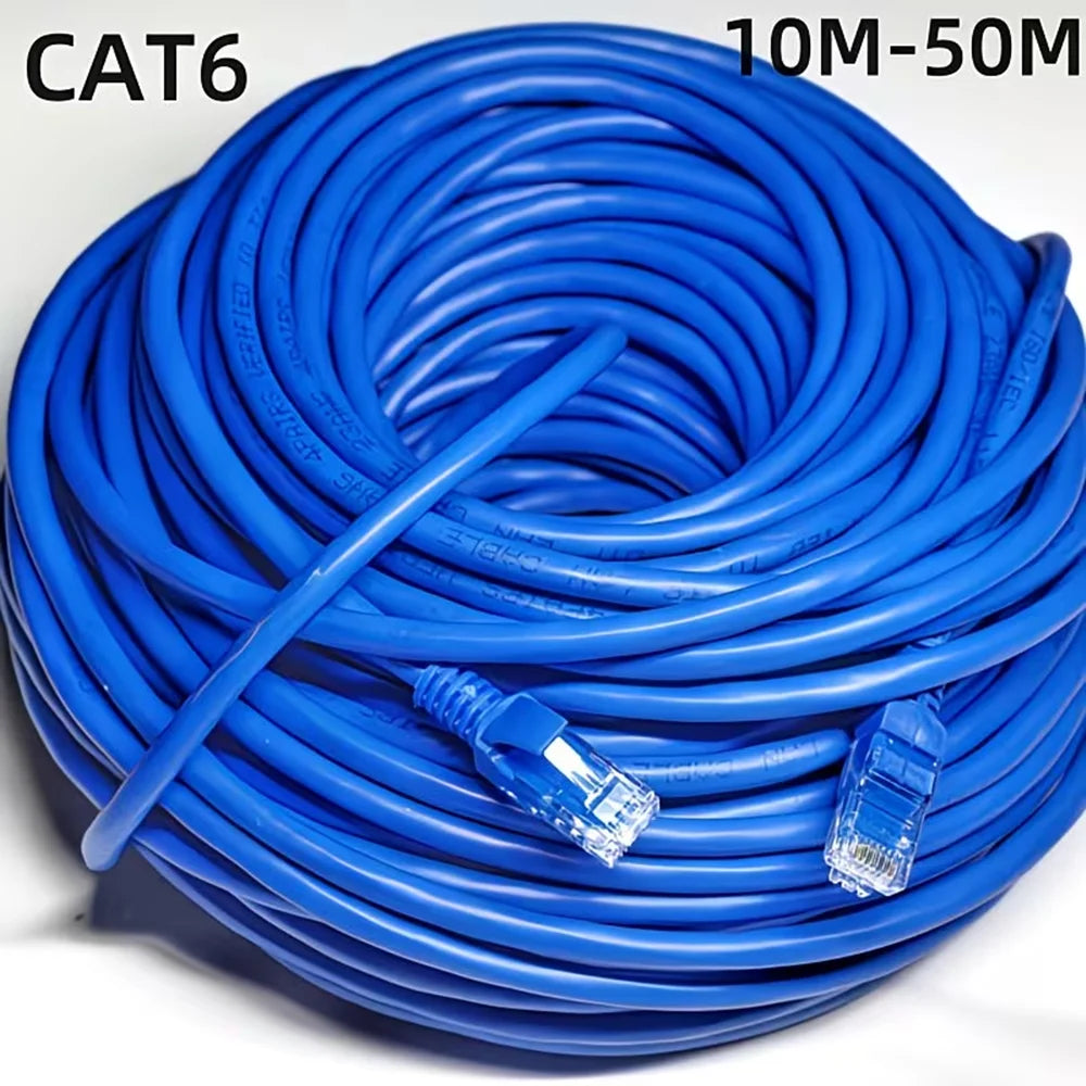 A coil of blue CAT6 Ethernet patch cables, 10M-50M length.