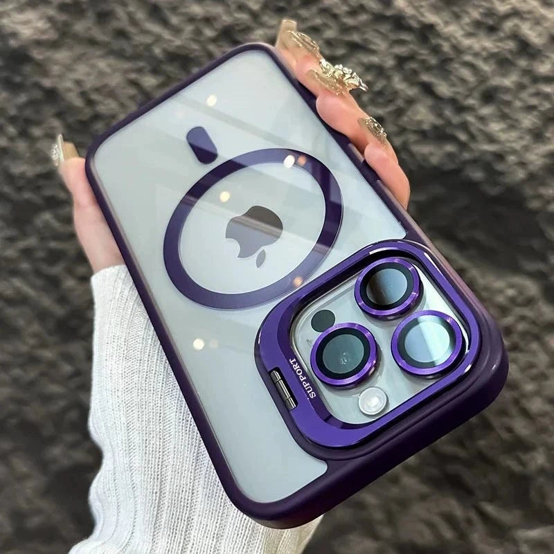 A purple MagSafe phone case with a built-in camera bracket and lens cover is held by a hand.
