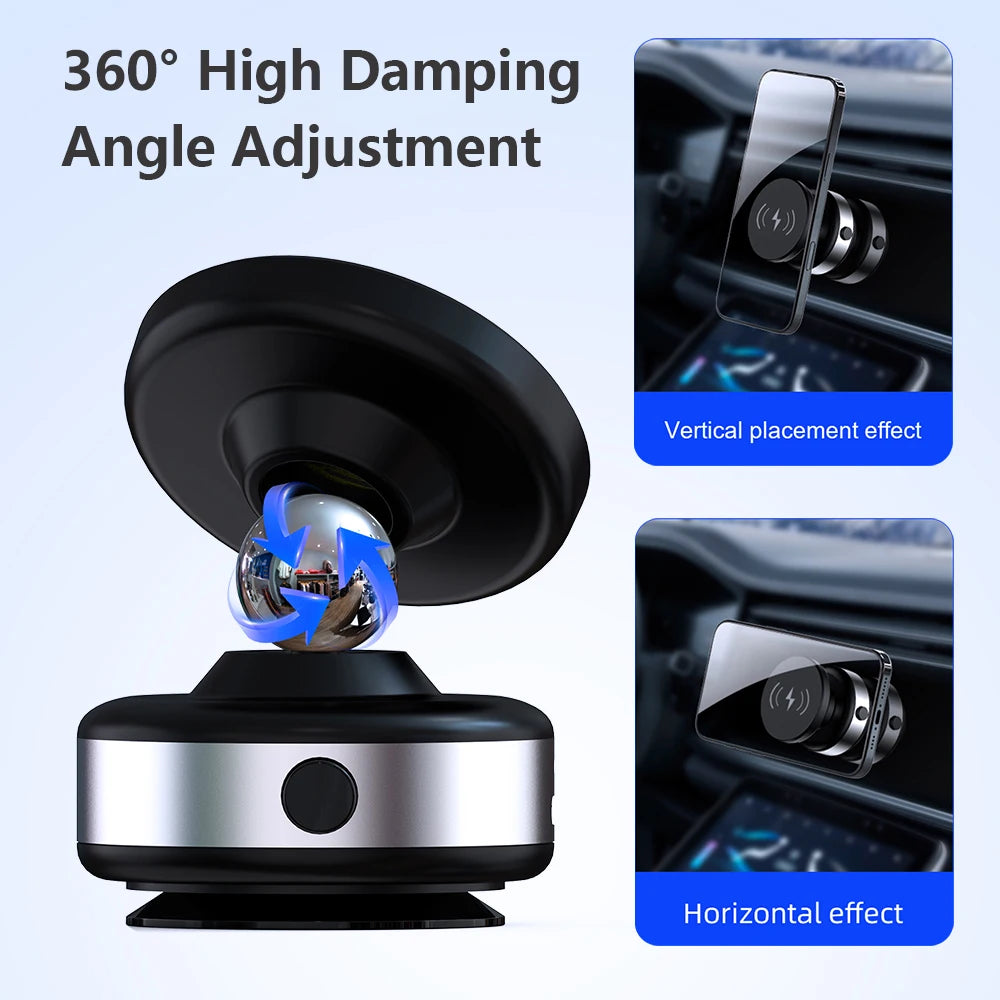 A black magnetic wireless car phone charger demonstrating 360 degree high damping angle adjustment for vertical and horizonta