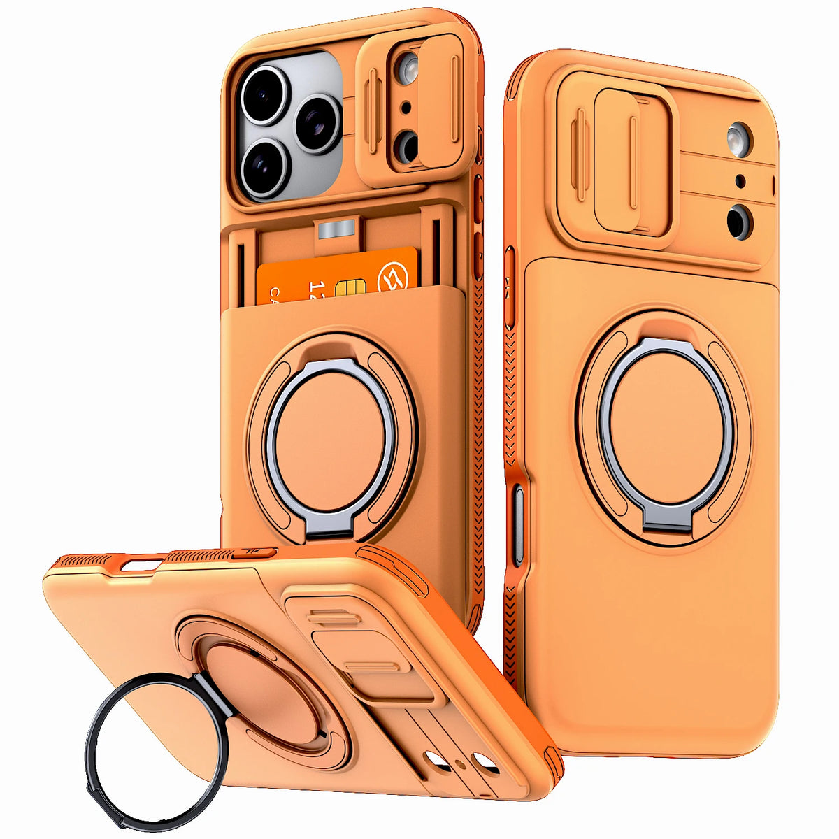 Oranges Premium iPhone-Wallet-Hülle mit Stand in verschiedenen Ansichten