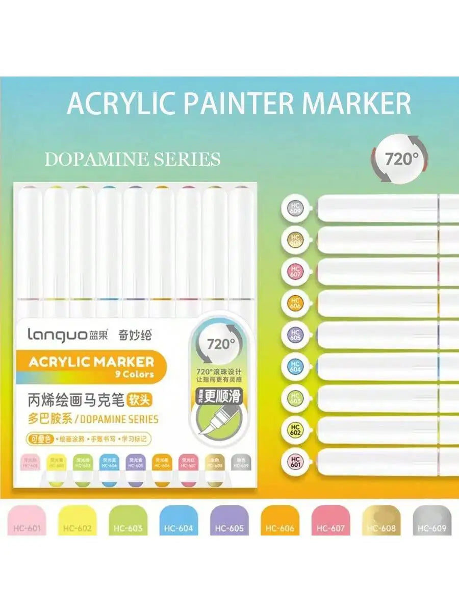 A set of 9 colors of 720 degree acrylic paint markers from the Dopamine series for hand drawing and art.