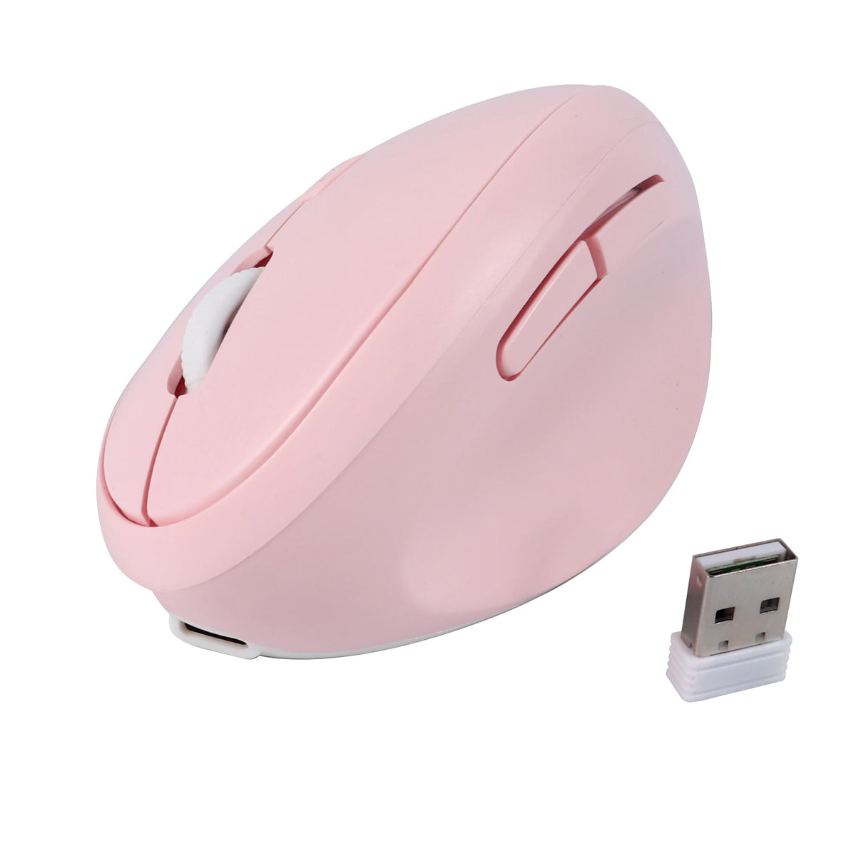A pink ergonomic vertical wireless gaming mouse with a white scroll wheel and USB receiver.