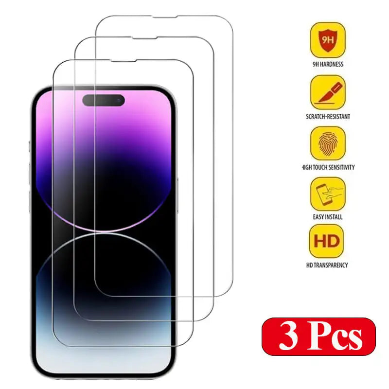 Three universal tempered glass screen protectors for a smartphone with hardness and touch sensitivity features