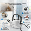 A handheld steam cleaner with a large water tank and hose is shown on a counter.