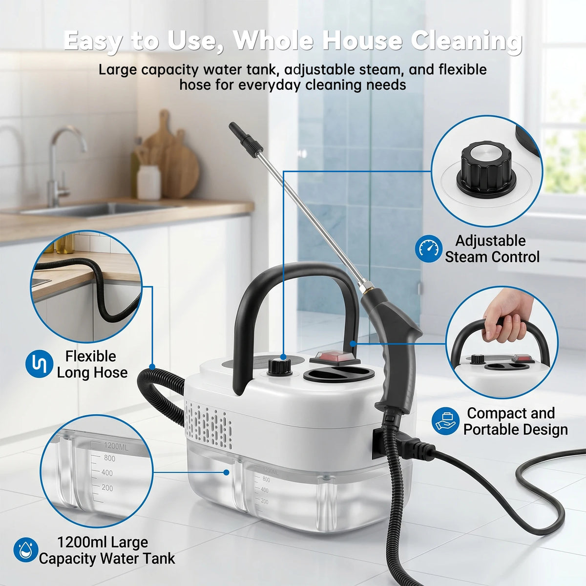 A handheld steam cleaner with a large water tank and hose is shown on a counter.