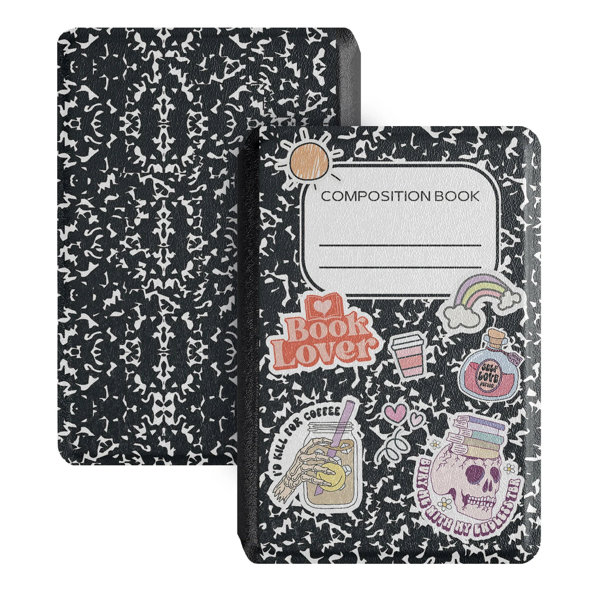 Coque magnétique noire avec design Amoureux des livres à l'avant et texture à motifs à l'arrière.