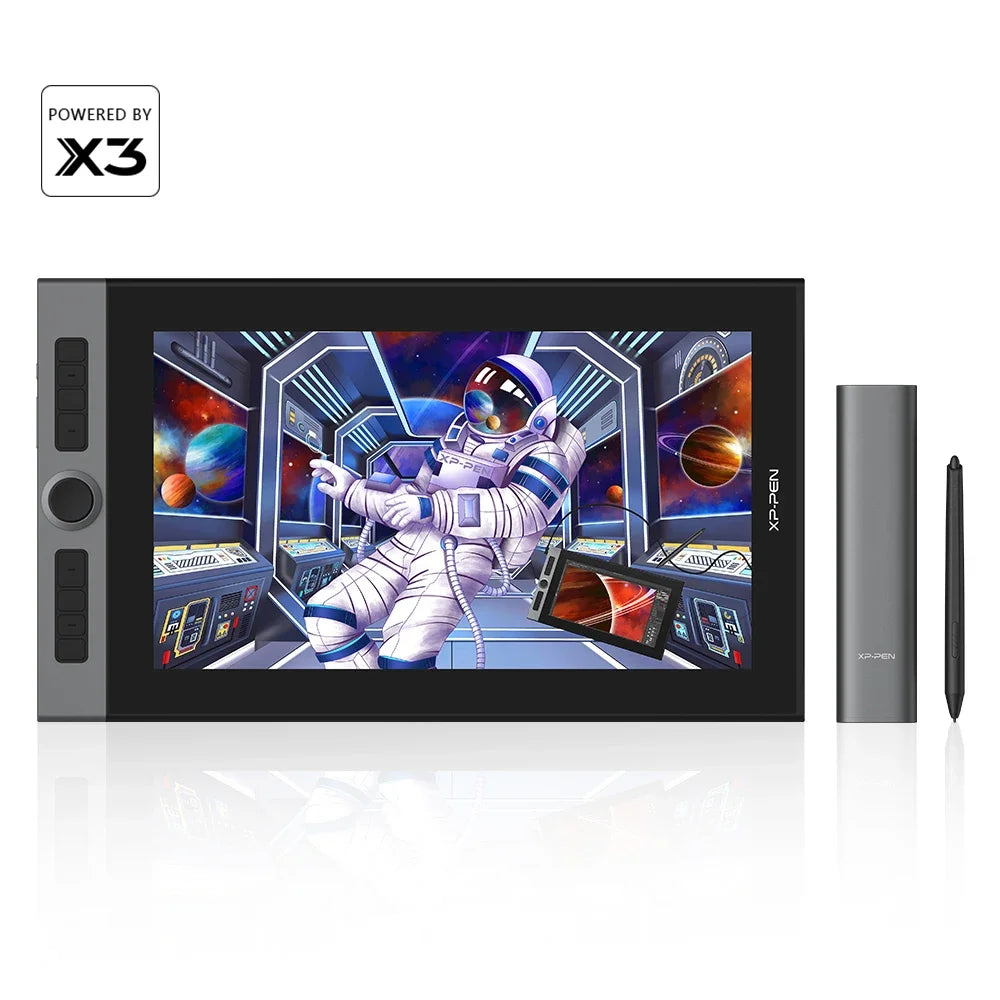 A black digital drawing tablet with a futuristic space theme displayed on its screen.