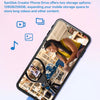 Una unidad de almacenamiento SanDisk Creator Phone insertada en un iPhone, mostrando opciones de capacidad.