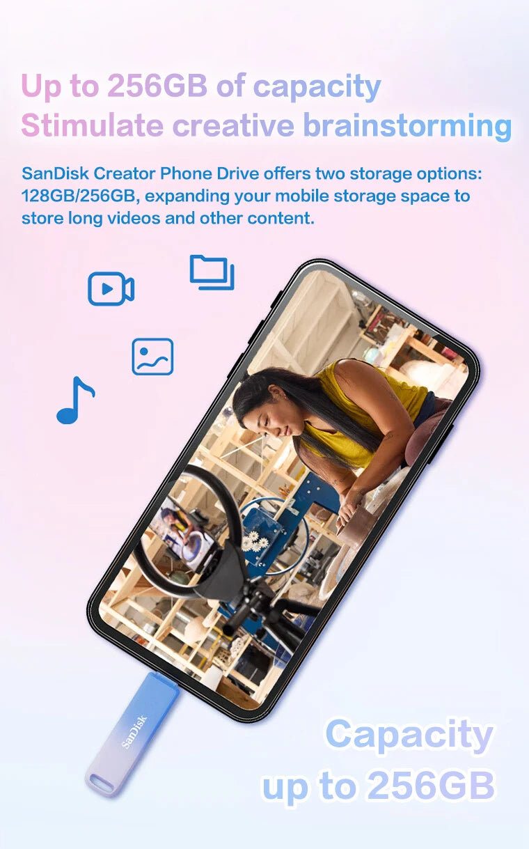 Una unidad de almacenamiento SanDisk Creator Phone insertada en un iPhone, mostrando opciones de capacidad.