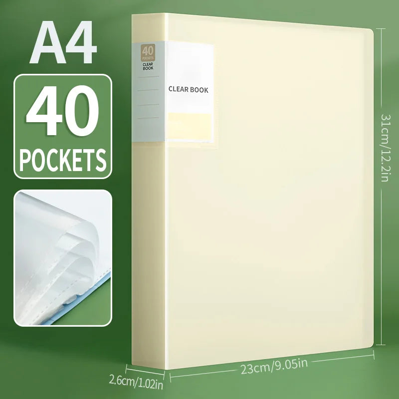 A4 clear book folder with 40 pockets shown in a light beige color.