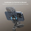 A metal phone mount allows rotating a smartphone 90 degrees to switch between landscape and portrait modes.