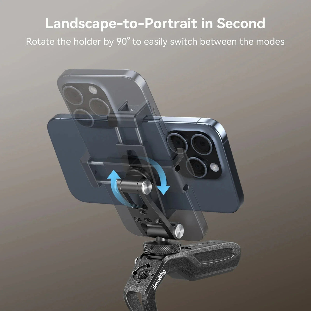 A metal phone mount allows rotating a smartphone 90 degrees to switch between landscape and portrait modes.