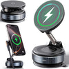 A black magnetic wireless phone mount is shown with a smartphone attached, featuring a circular lens and mounting base.