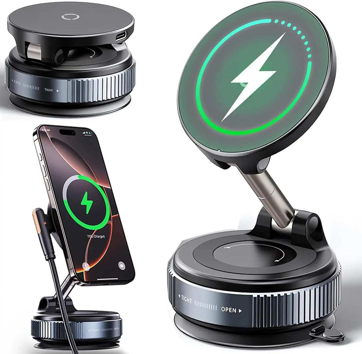 A black magnetic wireless phone mount is shown with a smartphone attached, featuring a circular lens and mounting base.