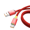 A red and gold USB-C fast charging cable with braided durability shown connected to a connector.