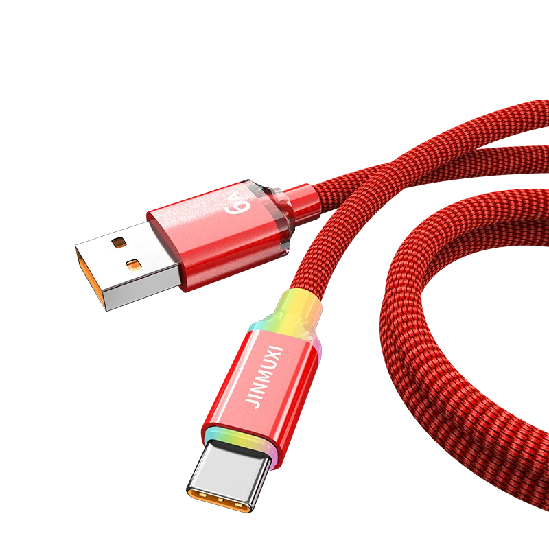 A red and gold USB-C fast charging cable with braided durability shown connected to a connector.
