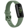A green silicone replacement strap for a Fitbit Inspire series watch with a black display showing 12:58 and a date of Wednesd
