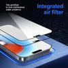 A close-up view of a smartphone with an integrated air filter screen protector displayed on a dark surface.