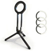 A black magnetic phone tripod stand with a carabiner attached, shown from the side.